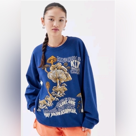 Project Social T Tops - Project Social T X Urban Outfitters Blue Mushroom Graphic Sweatshirt in S/M